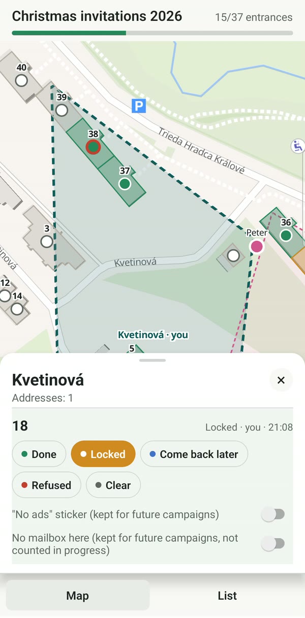 Address sheet with statuses Done, Locked, Come back later and Refused