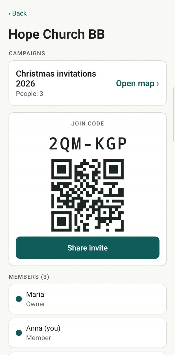 Team screen with join code, QR code and members